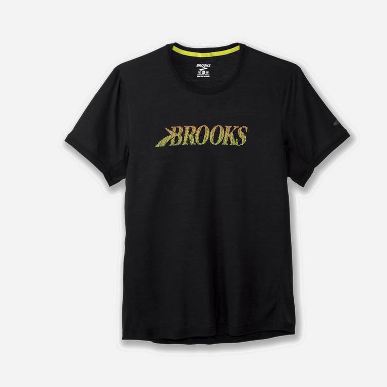 Brooks Distance Graphic - Camisetas Manga Corta Hombre - Negras / Verde Amarillo (BNUS-86423)